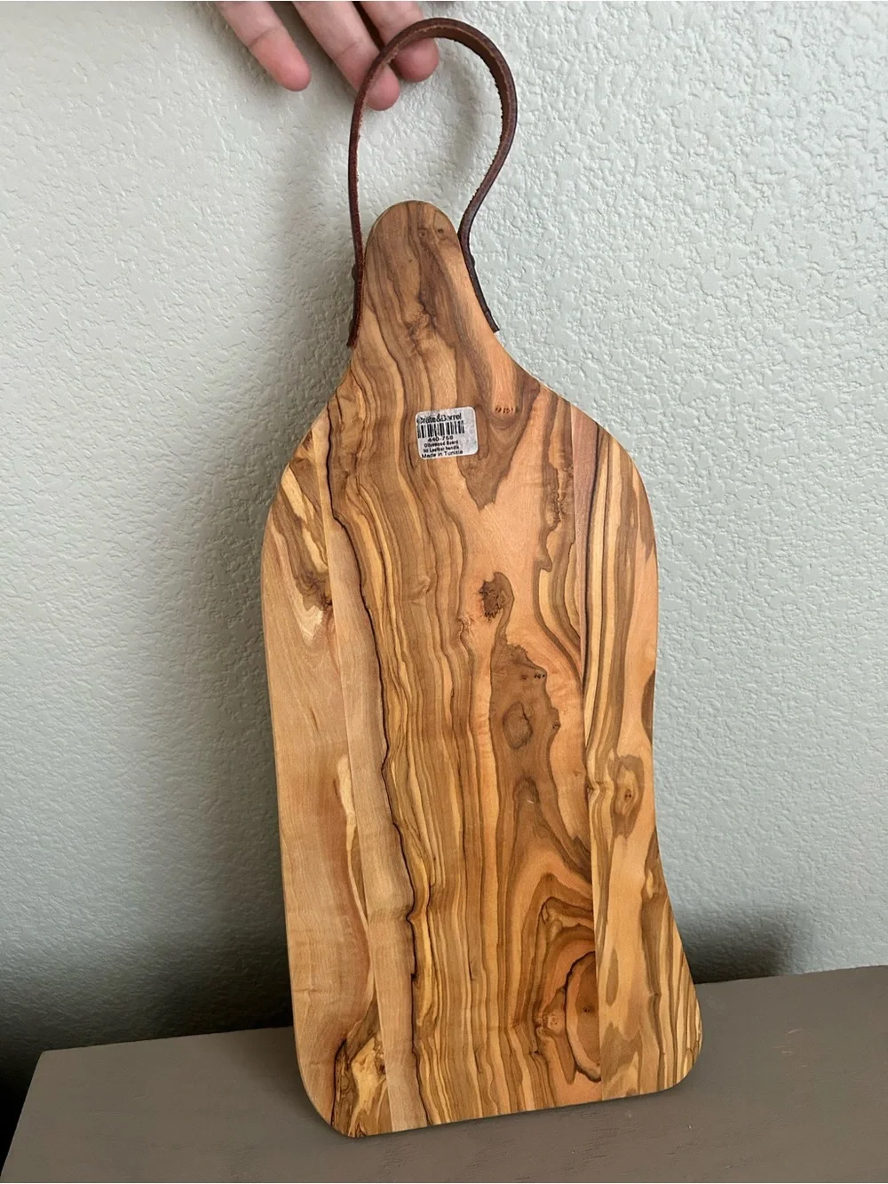 Crate&Barrel Olive Wood Serving Board with Brown Leather Loop